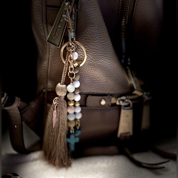 Bag charm - tassel, Mix gemstones and wooden beads, turquoise cross - Picture 2 of 4